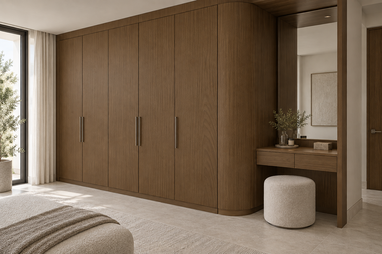 Design visualization: curved-end wardrobe in Snow Elm Clay, decor HT6051