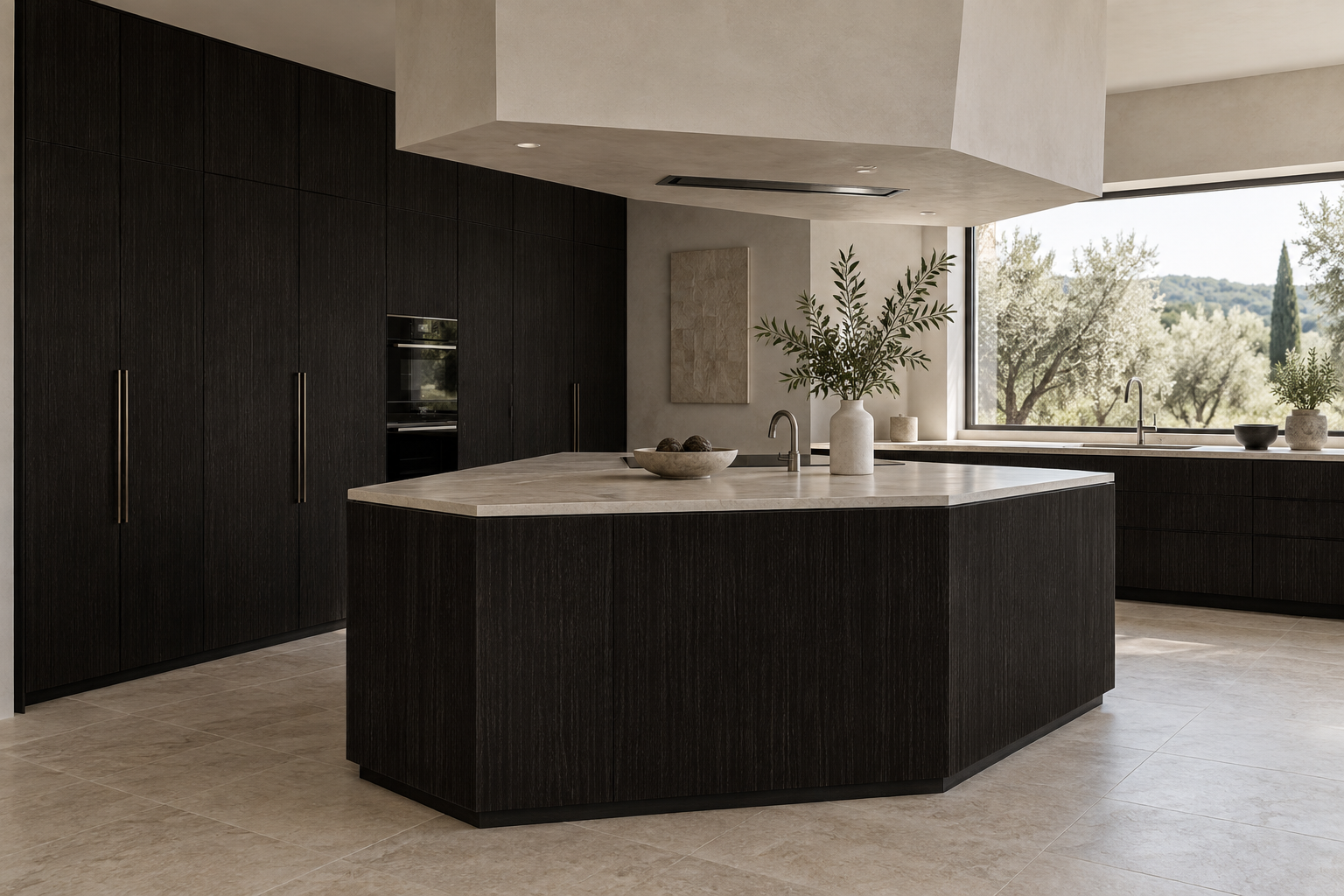 Kitchen design visualization with Snow Elm Charcoal HT6054 cabinetry