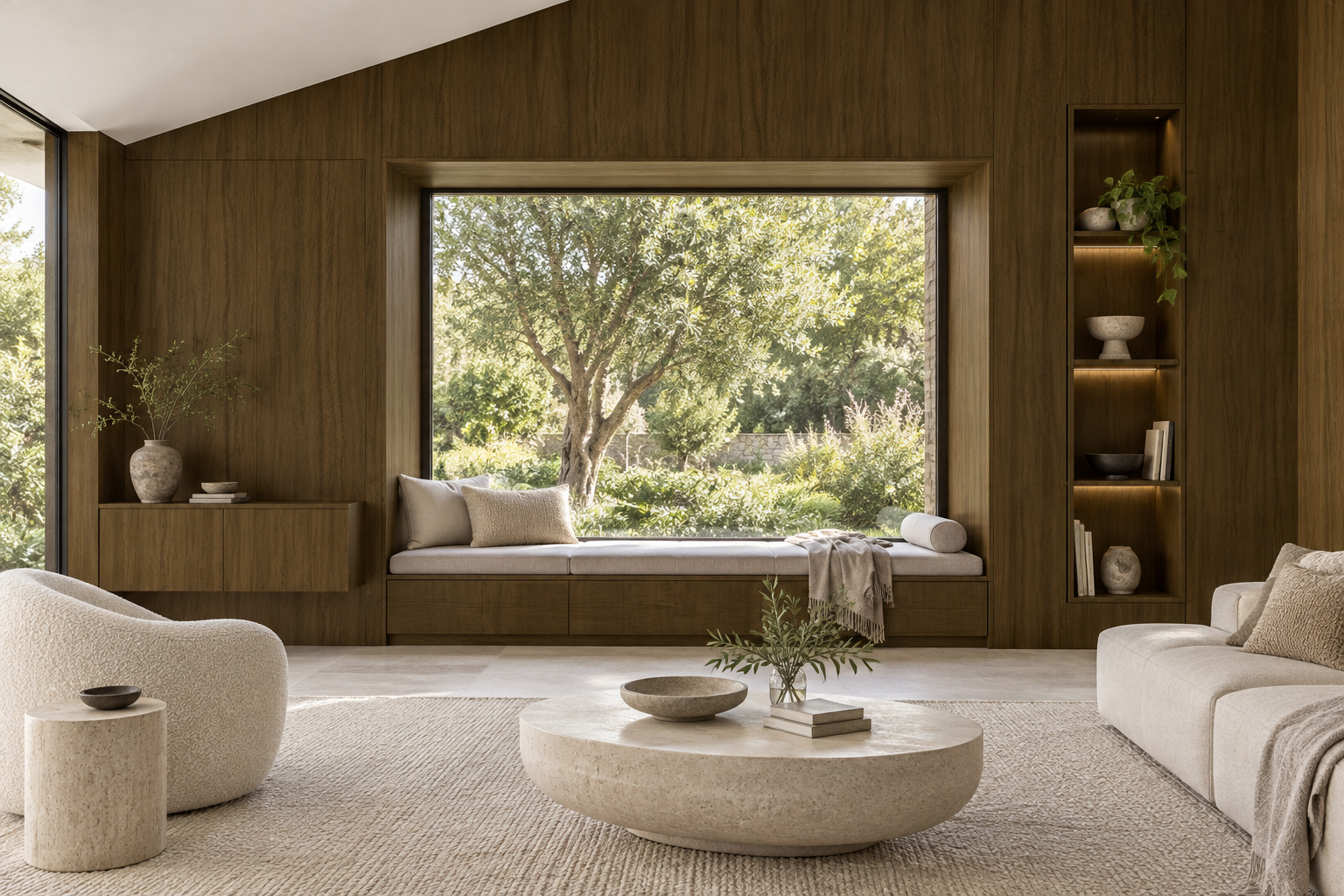 Design visualization: window-bench cladding in Ink Peach Veil, decor HT6061