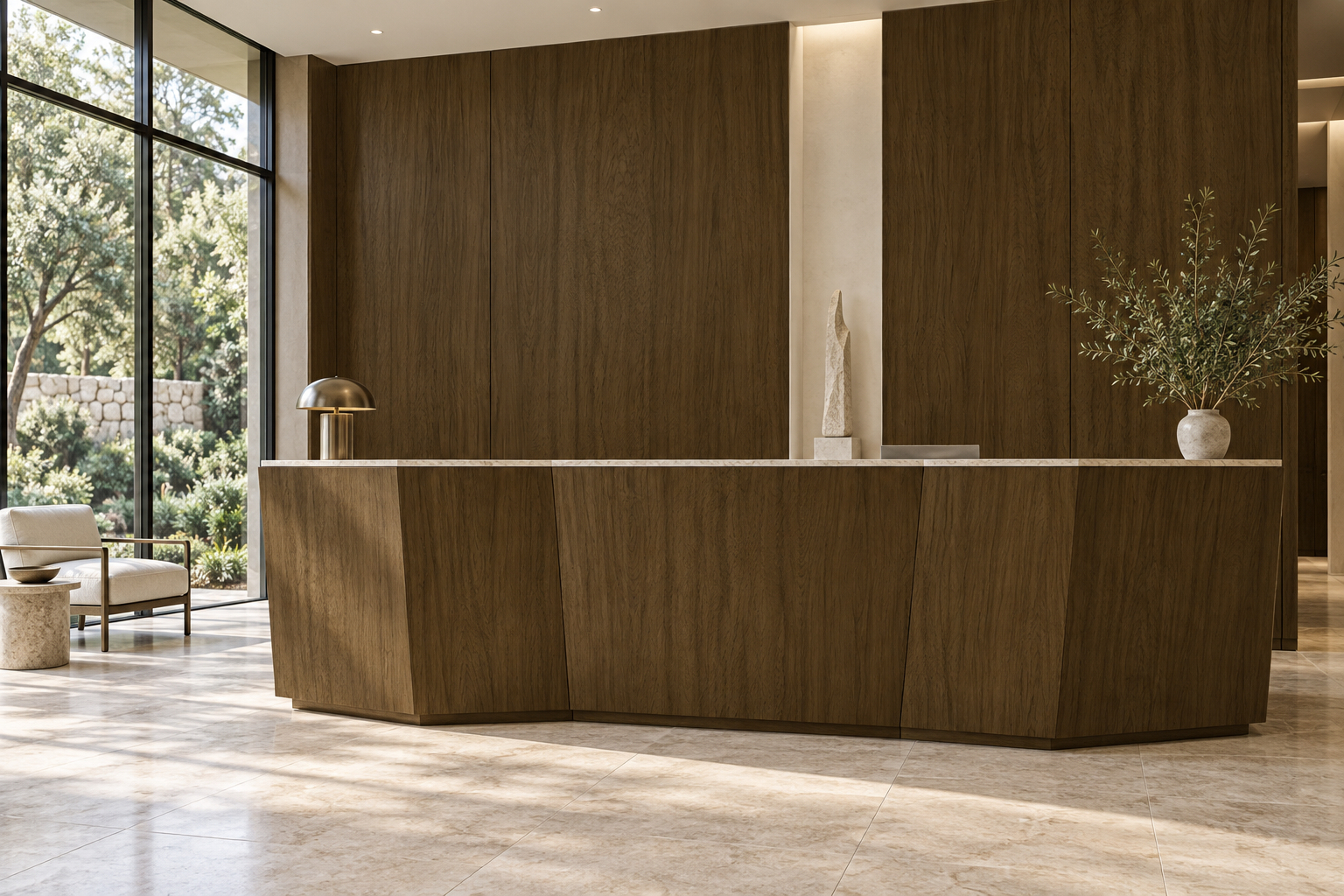 Design visualization: faceted reception counter in Ink Peach Veil, decor HT6061
