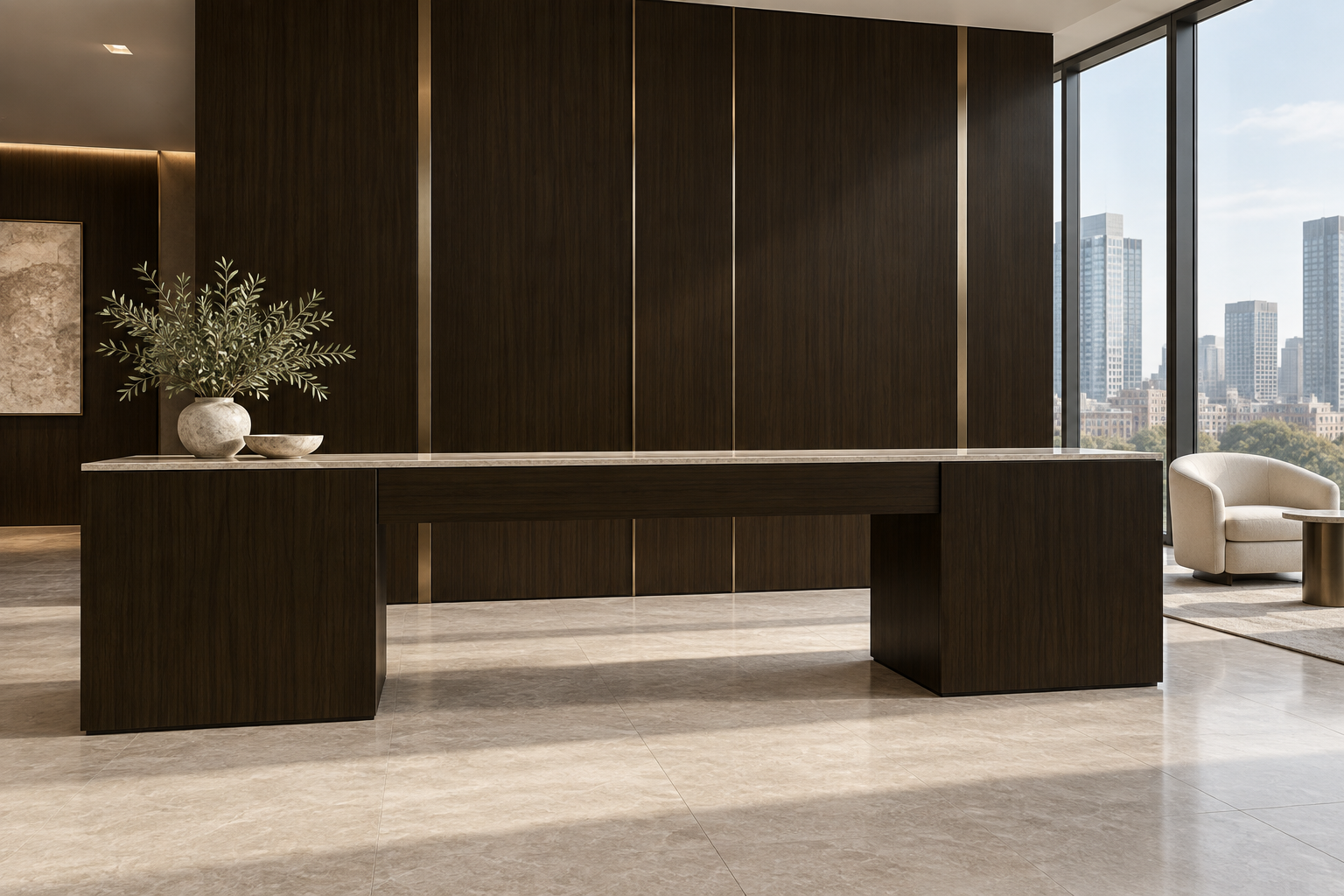 Design visualization: open-bridge reception in Ink Peach Abyss, decor HT6062