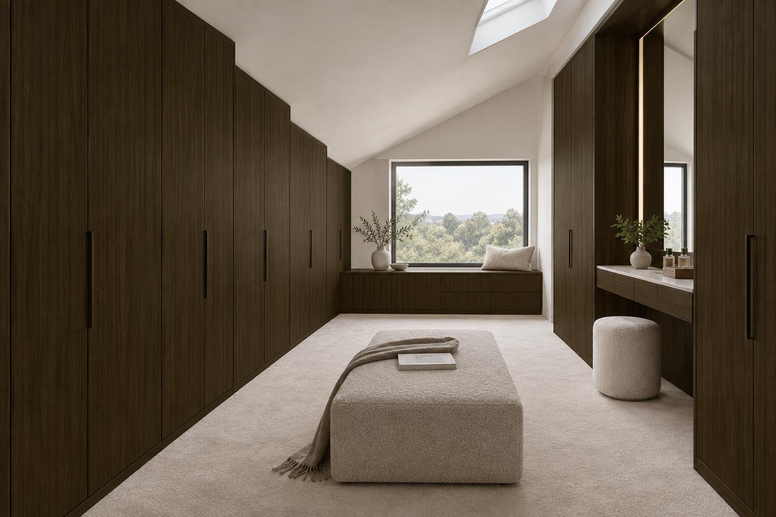 Design visualization: loft dressing wall in Ink Peach Haze, decor HT6063