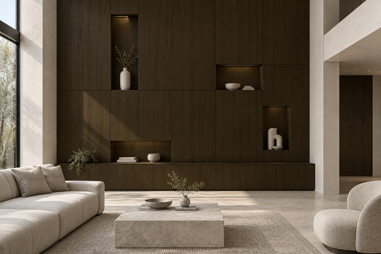 Design visualization: recessed gallery wall in Ink Peach Rite, decor HT6064