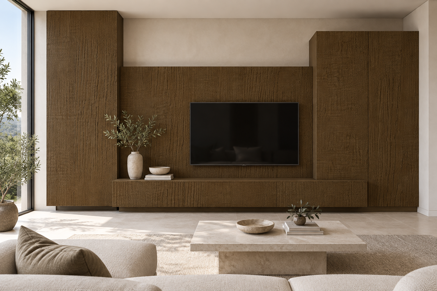 Design visualization: stepped media cabinetry in Saw Walnut Mocha, decor HT6082