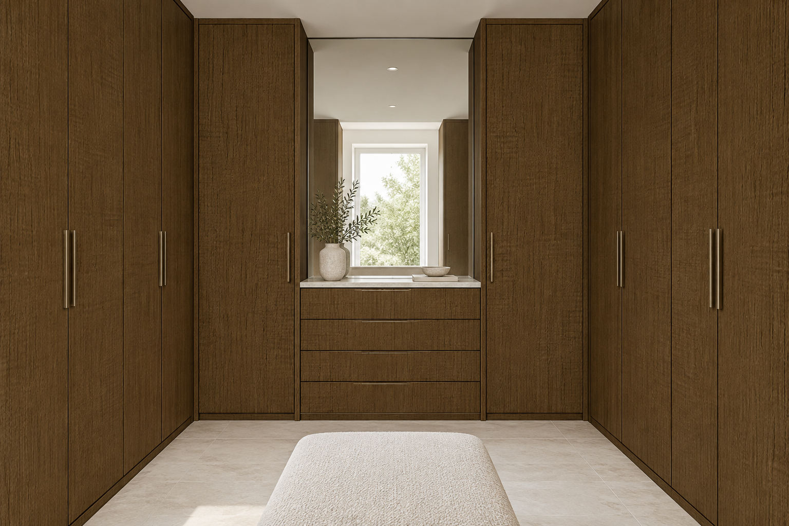 Design visualization: t-shaped dressing room in Saw Walnut Mocha, decor HT6082