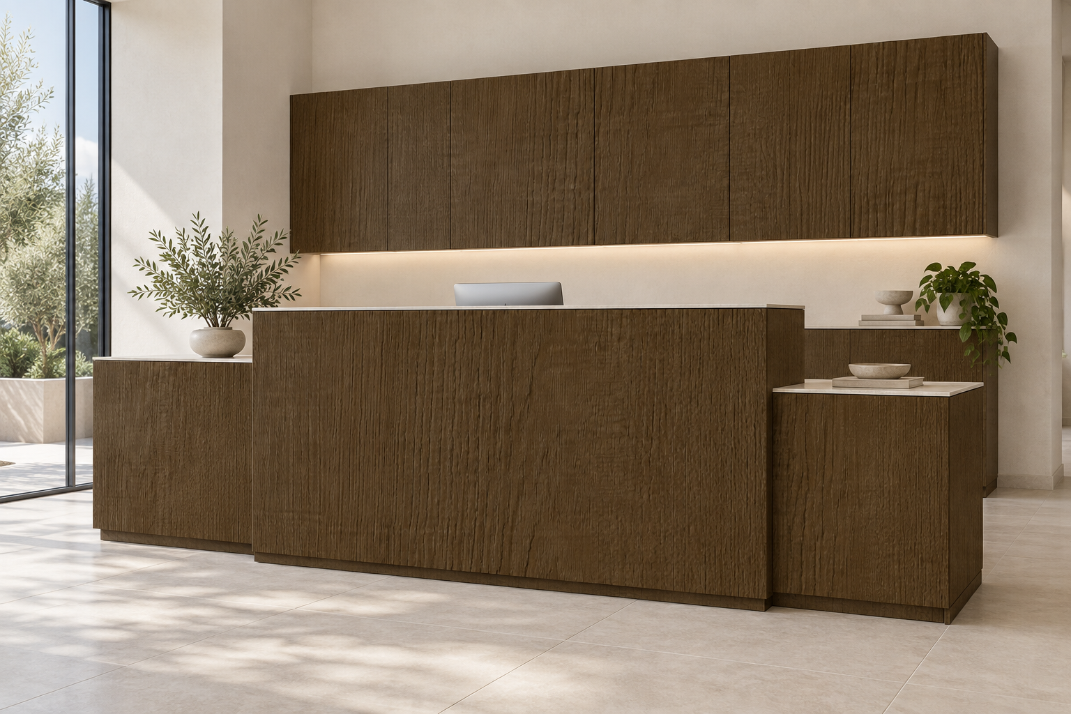 Design visualization: layered reception desk in Saw Walnut Mocha, decor HT6082