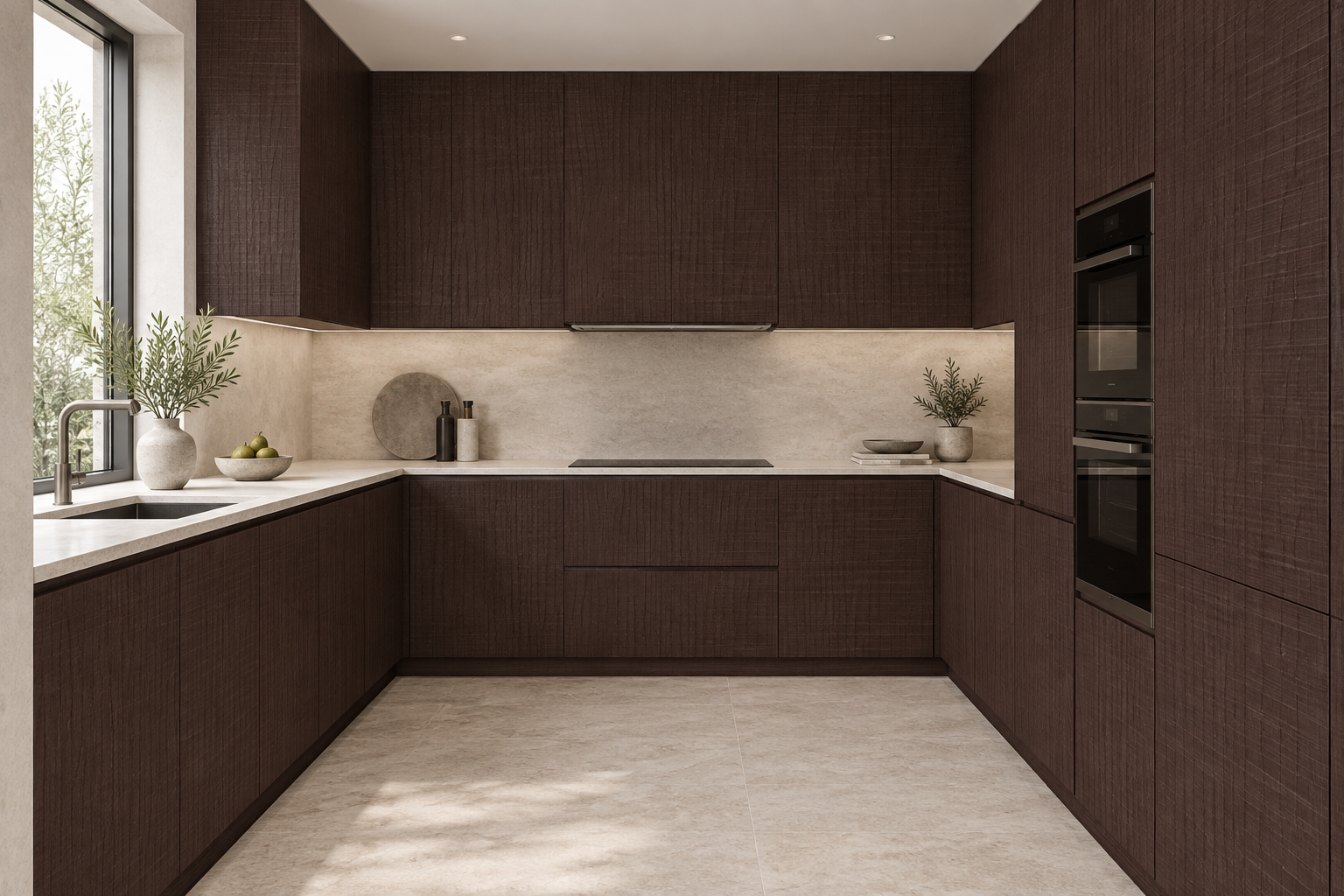 Kitchen design visualization with Saw Walnut Brown HT6083 cabinetry