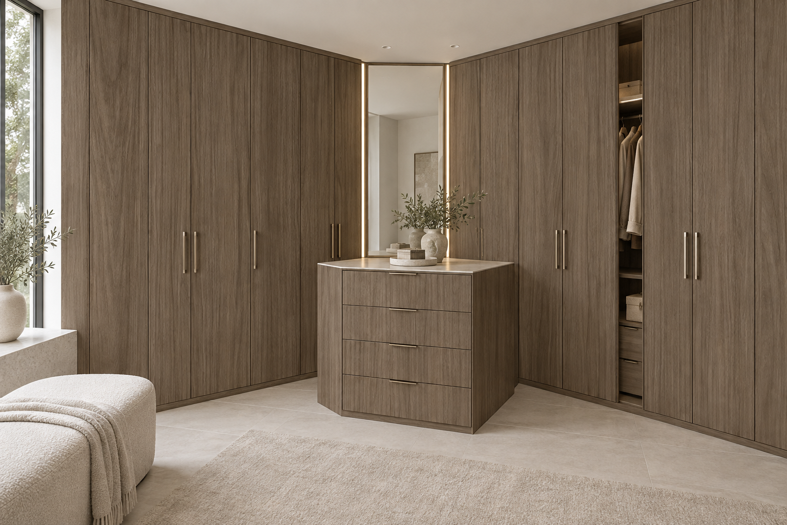 Design visualization: faceted dressing cabinets in Quarter Walnut Red, decor HT6092