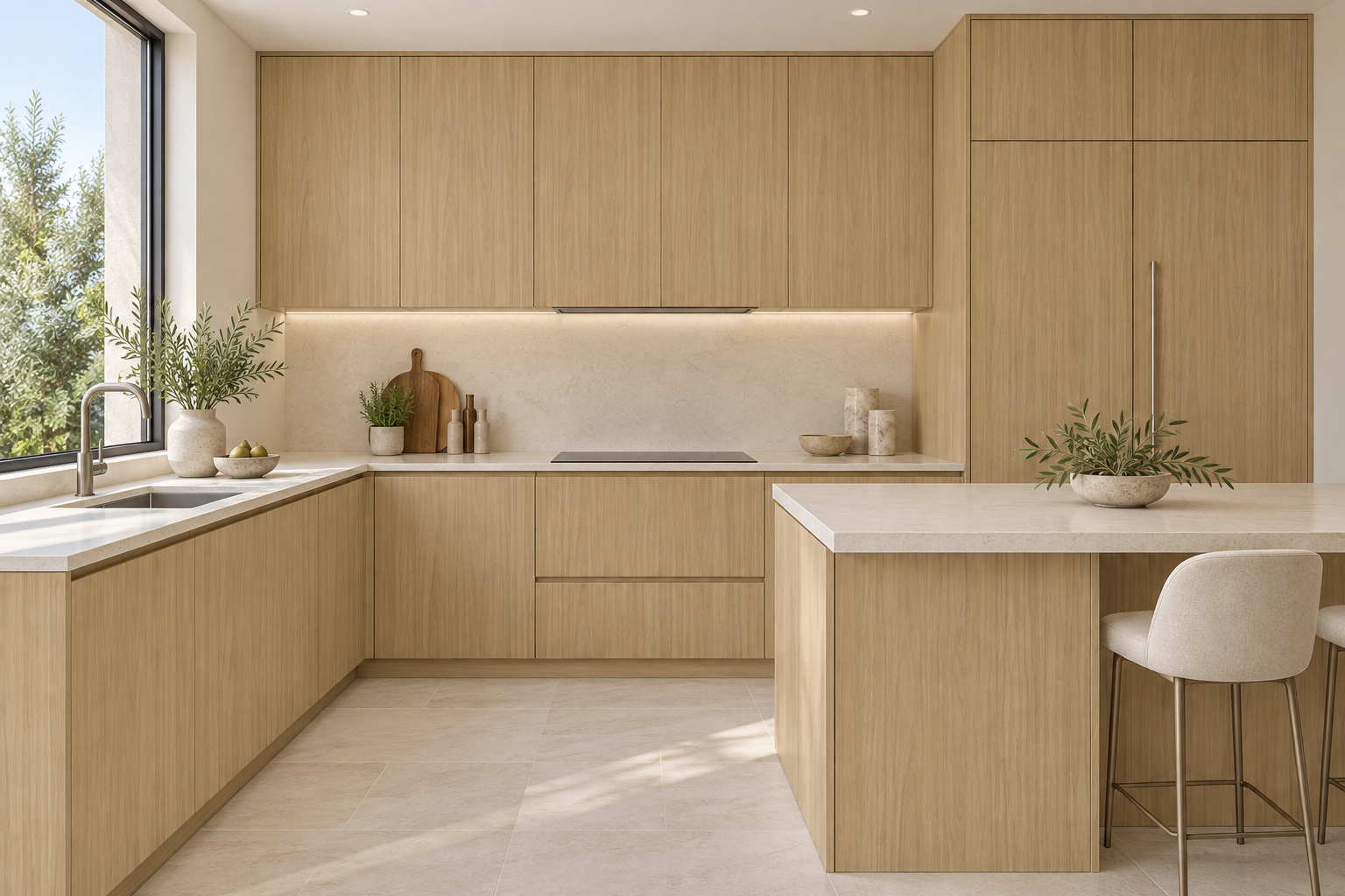 Kitchen design visualization with Quarter Walnut Brown HT6093 cabinetry