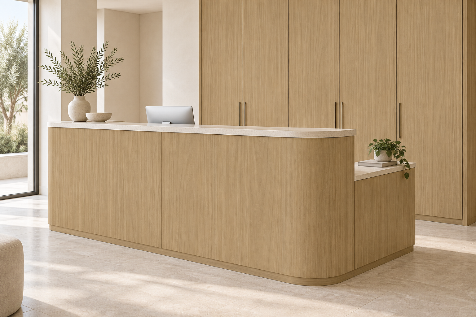 Design visualization: boutique concierge desk in Quarter Walnut Brown, decor HT6093