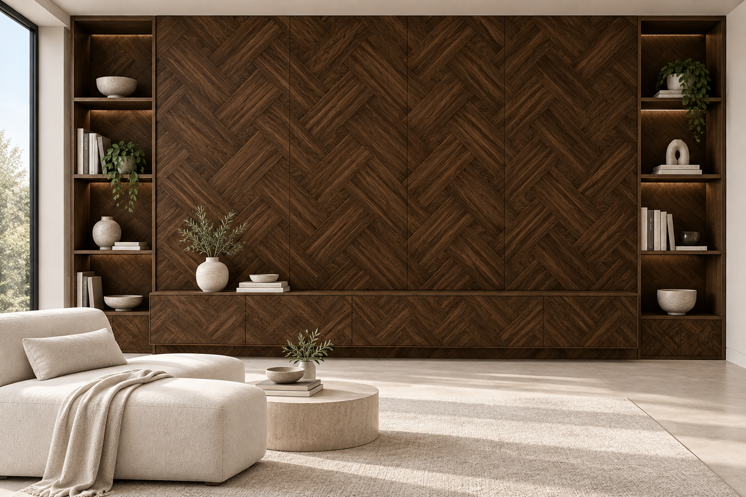 Design visualization: craft-pattern library wall in Woven Rattan, decor HZ3015