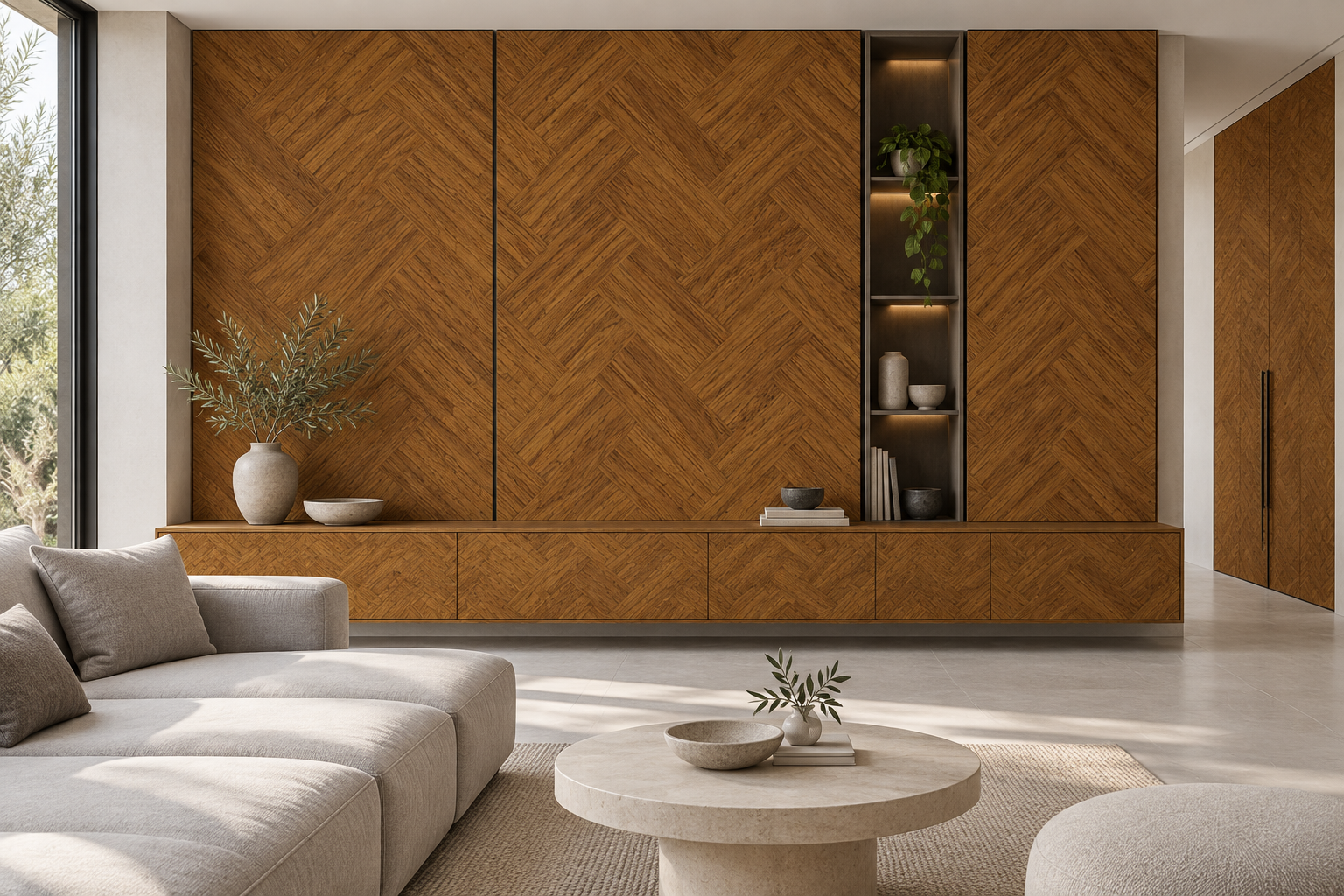 Design visualization: framed lounge wall in Woven Bamboo, decor HZ3016