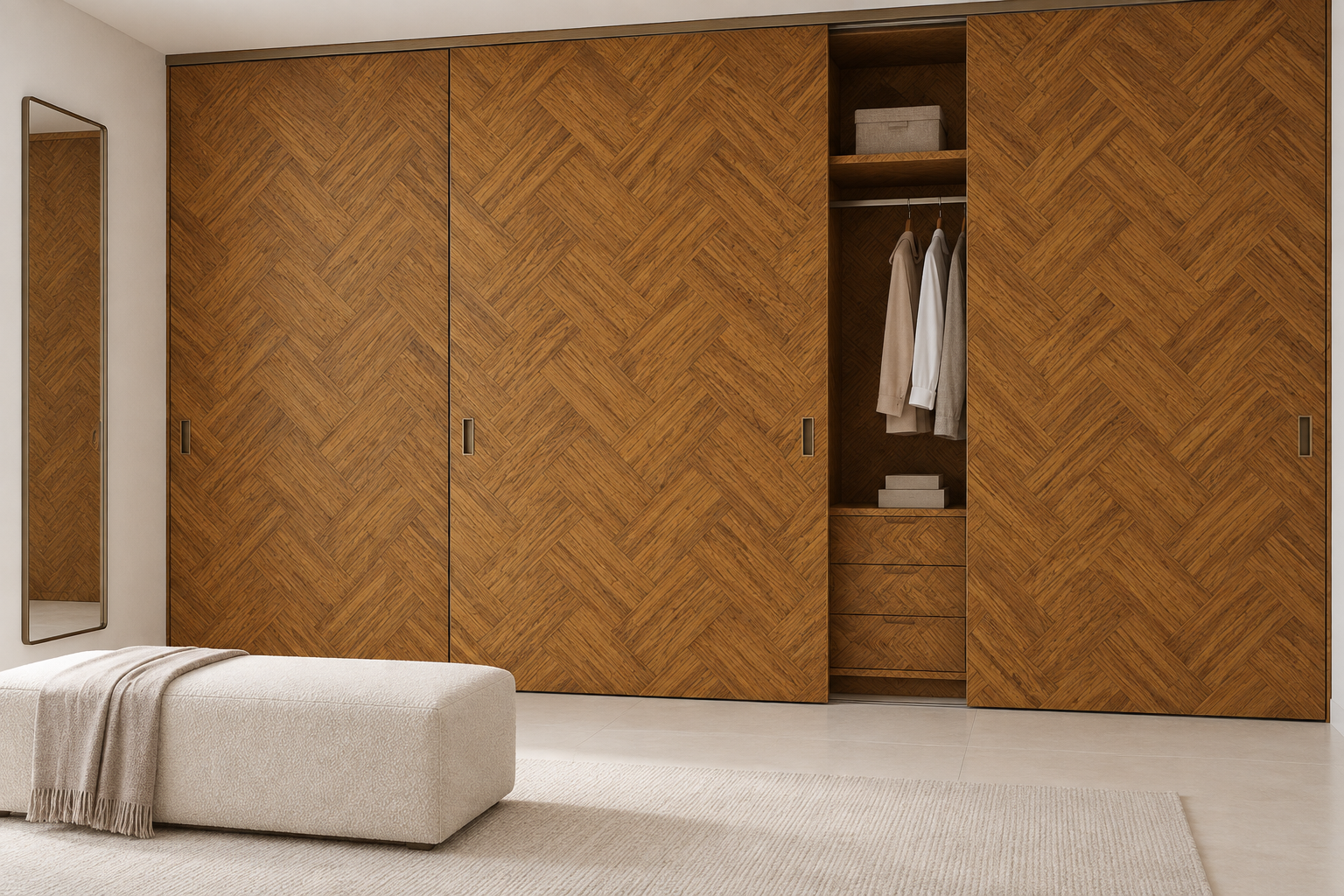 Design visualization: sliding panel dressing room in Woven Bamboo, decor HZ3016