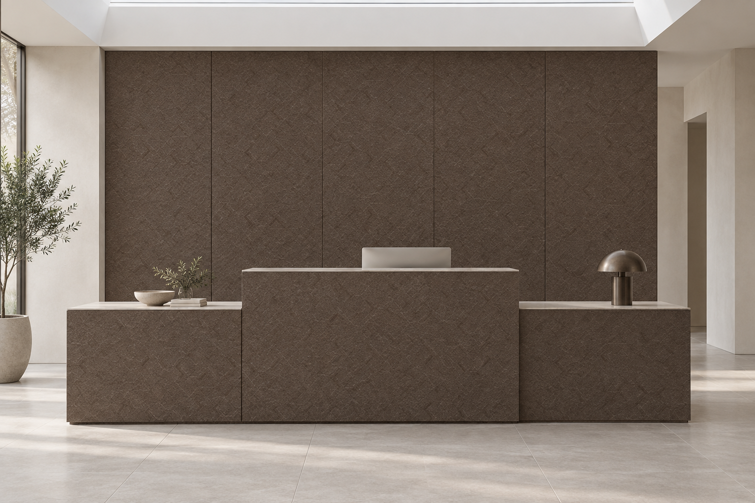 Design visualization: stepped service desk in Dante Gold, decor HZ3019