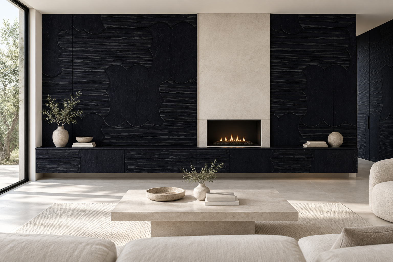Design visualization: patterned fireplace surround in Smoke Craft, decor HZ3020