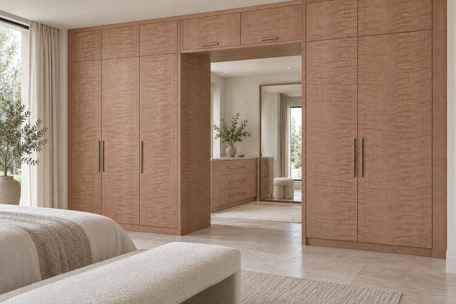 Design visualization: bridge wardrobe suite in Maple Glimmer, decor HZ3021