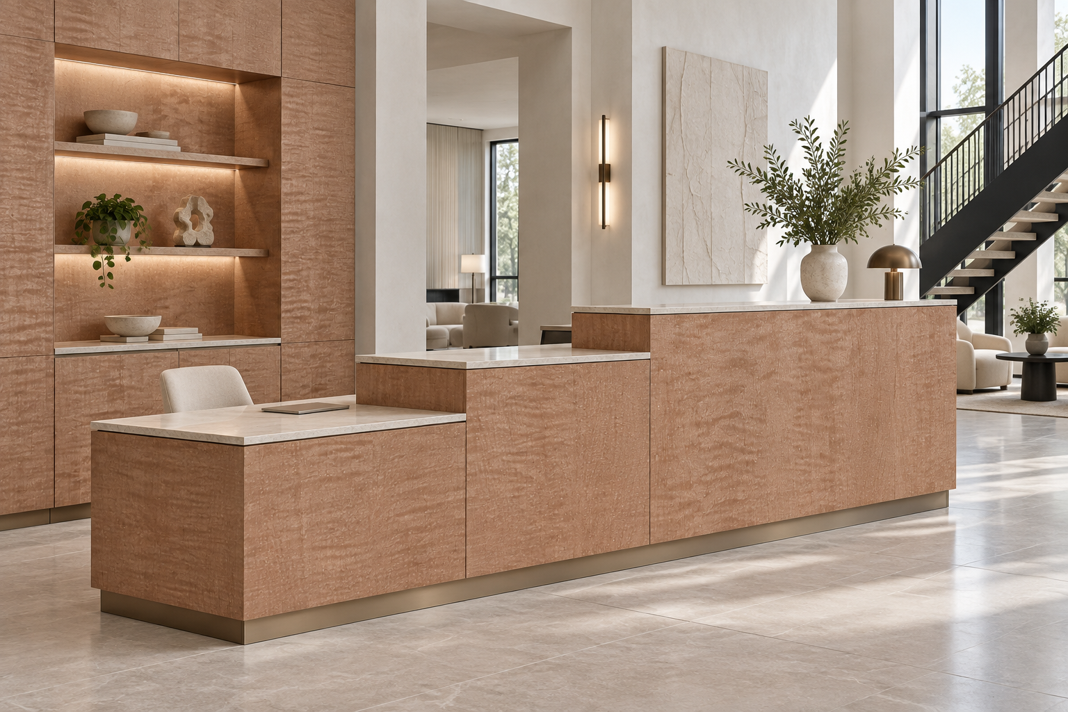 Design visualization: tiered concierge desk in Maple Glimmer, decor HZ3021