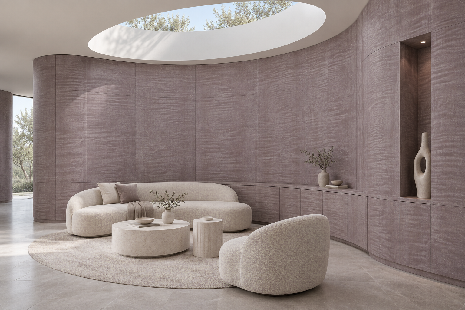 Design visualization: elliptical lounge wall in Maple Purple, decor HZ3022