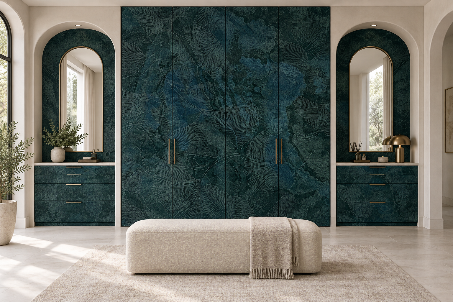 Design visualization: arched wardrobe niches in Jade Cloud, decor HZ3024