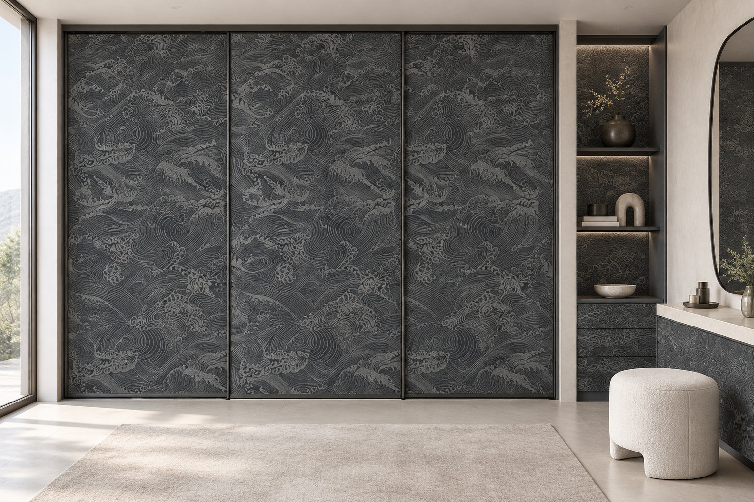 Design visualization: sliding wave wardrobes in Martyr Marrow, decor HZ3025