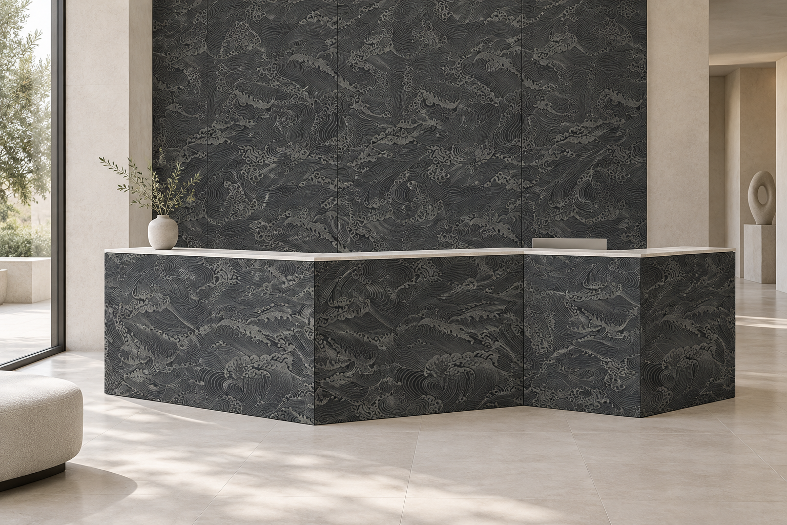 Design visualization: angular gallery counter in Martyr Marrow, decor HZ3025