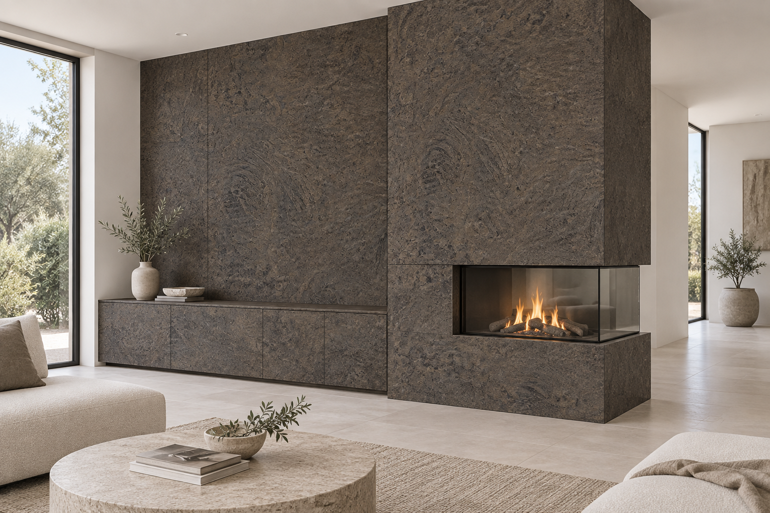 Design visualization: corner fireplace wall in Verona, decor HZ3026