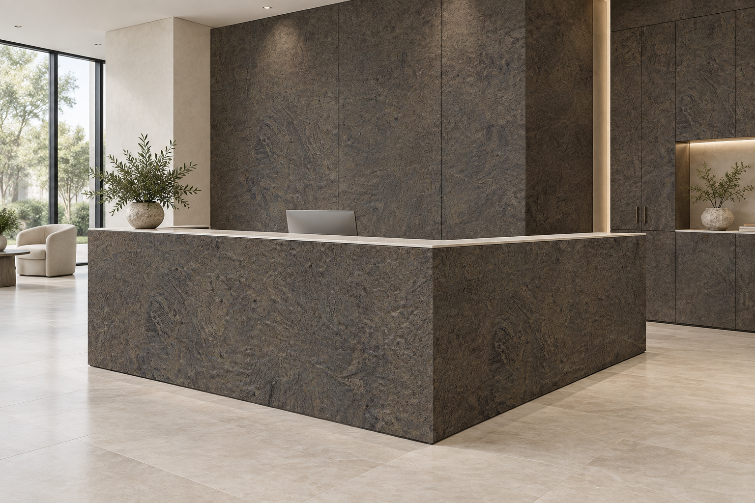 Design visualization: angular reception counter in Verona, decor HZ3026