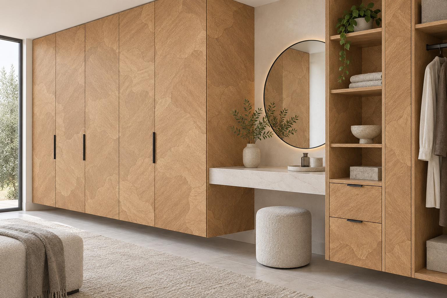Design visualization: suspended wardrobe composition in Rocklein, decor HZ3027