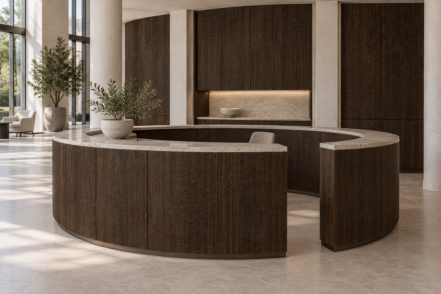 Design visualization: circular concierge counter in Burnt Oak, decor HZ3030